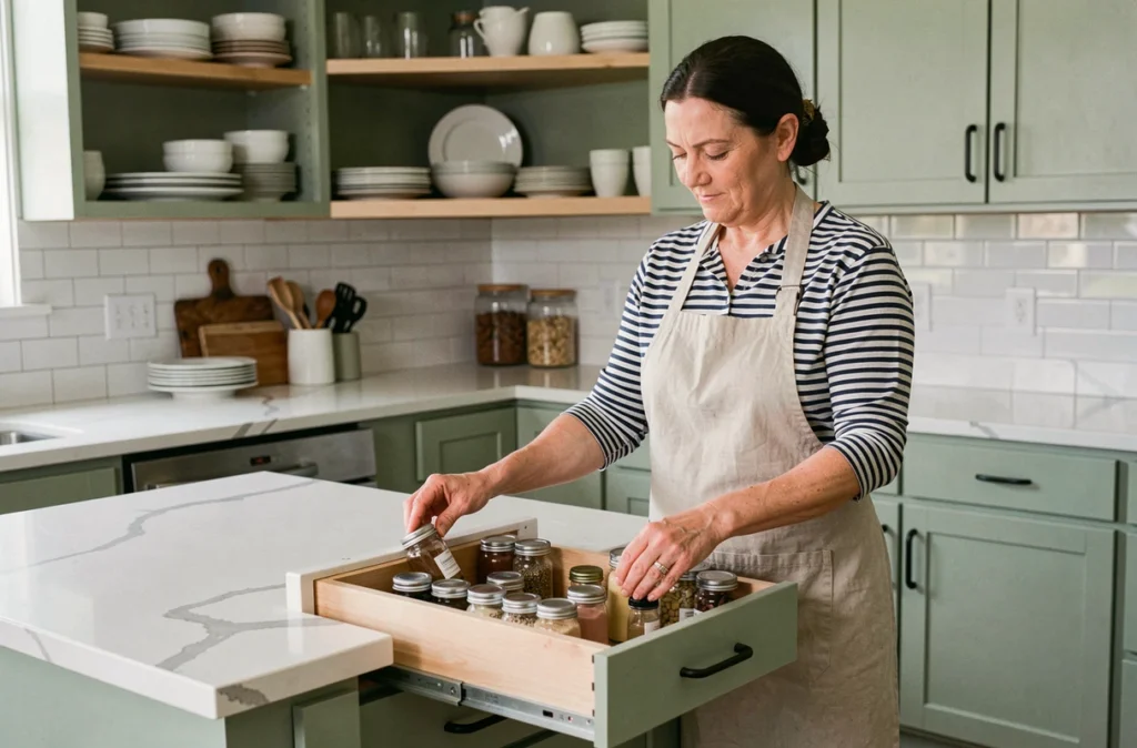 Femme organisant des tiroirs dans une cuisine réaménagée avec îlot central et rangements optimisés