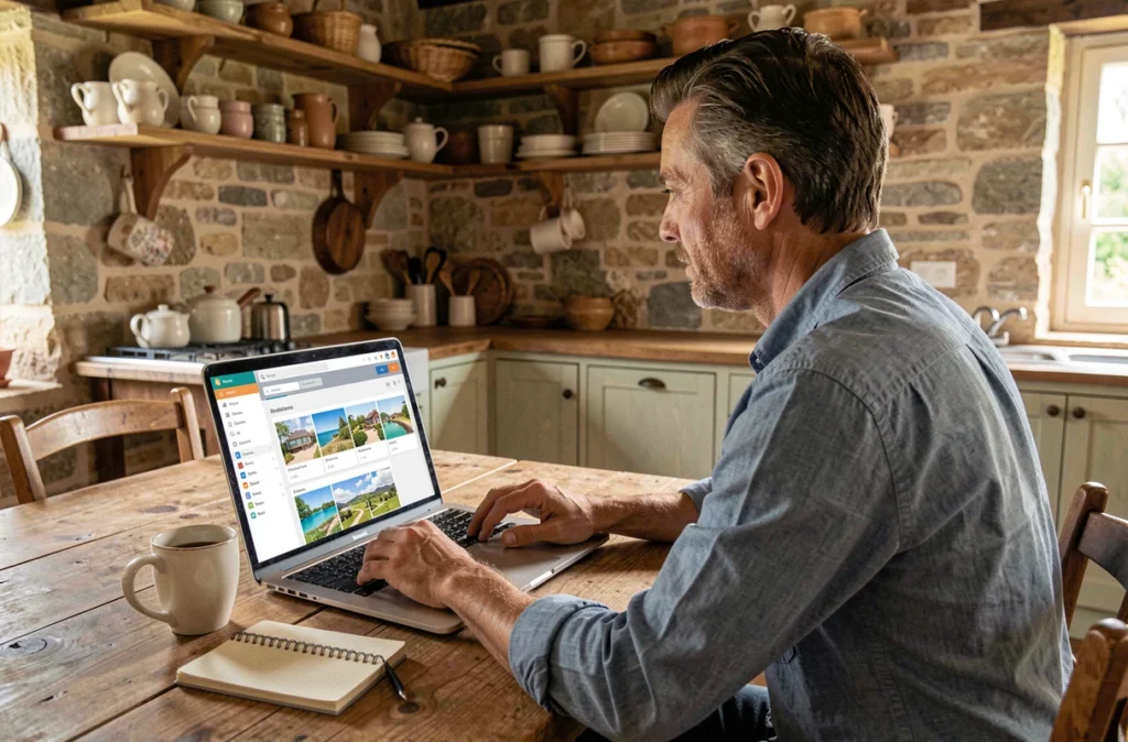 Propriétaire de gîte gérant ses locations en ligne sur un ordinateur portable depuis sa cuisine de ferme rénovée