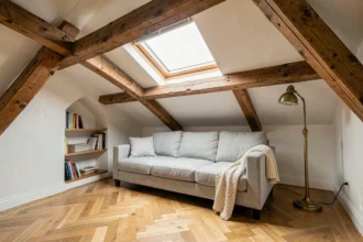 Grenier aménagé en salon cosy avec poutres apparentes, parquet en chêne et canapé en lin sous une fenêtre de toit