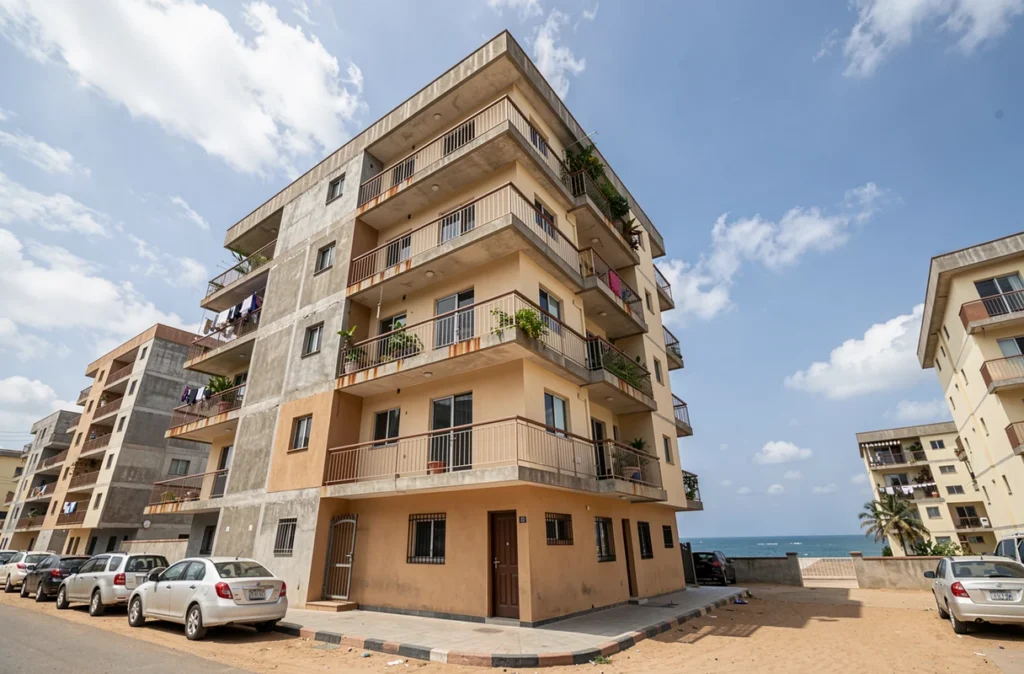 Façade d'un immeuble résidentiel à Dakar avec balcons et vue partielle sur l'océan Atlantique