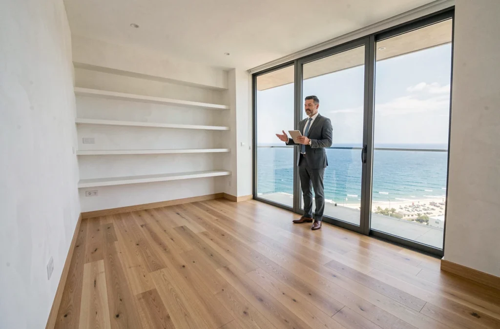 Agent immobilier présentant un appartement moderne avec vue panoramique sur l'océan à Dakar