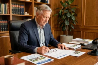 Homme de 60 ans examinant des documents d'investissement immobilier en résidence senior dans un bureau à domicile élégant