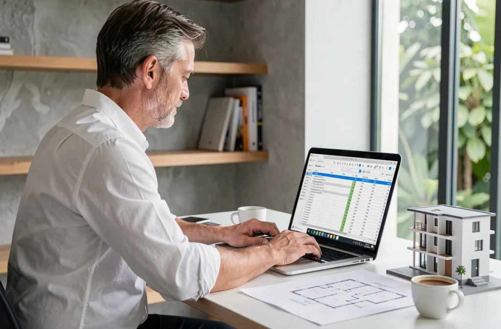 Investisseur immobilier analysant une stratégie de démembrement de propriété sur ordinateur dans un bureau moderne