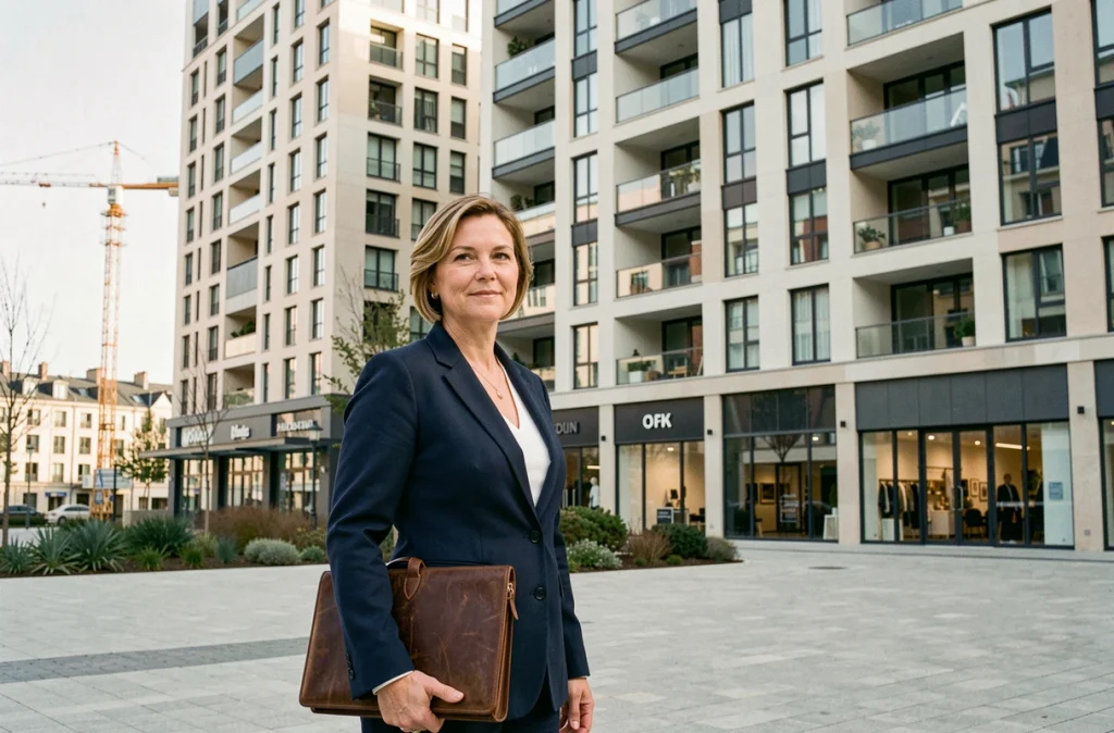 Investisseuse immobilière devant un programme neuf dans un quartier en développement de Créteil