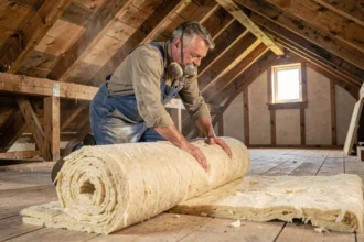 Artisan posant de la laine minérale dans les combles d'une maison pour améliorer l'isolation thermique