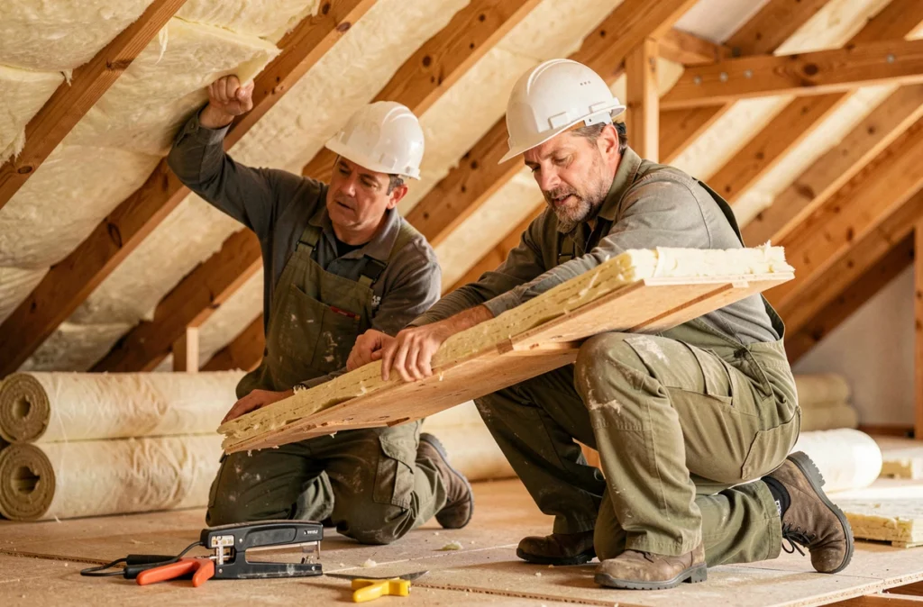 Ouvriers posant de l'isolation thermique dans les combles d'une maison en rénovation