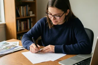 Jeune femme rédigeant une lettre de motivation pour un appartement à son bureau, entourée de documents immobiliers