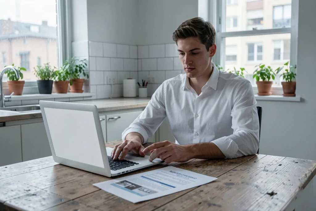 Jeune homme préparant sa lettre de motivation locative sur ordinateur portable dans une cuisine moderne