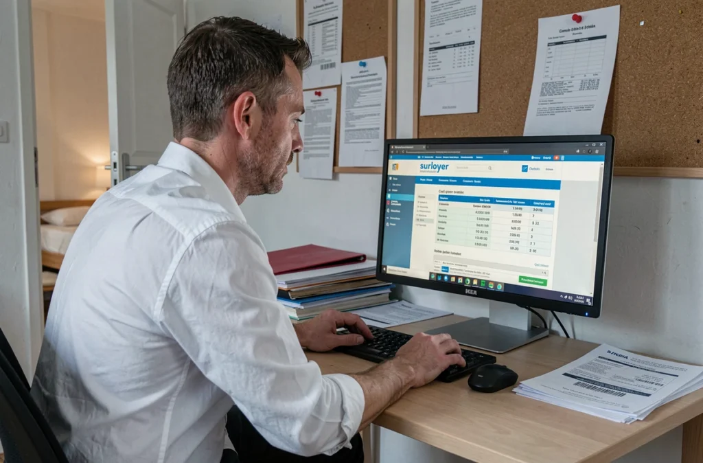 Homme locataire HLM calculant son surloyer sur ordinateur de bureau dans un espace de travail à domicile