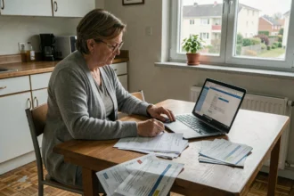 Locataire HLM d'âge mûr consultant un simulateur de surloyer en ligne sur son ordinateur portable à la table de cuisine