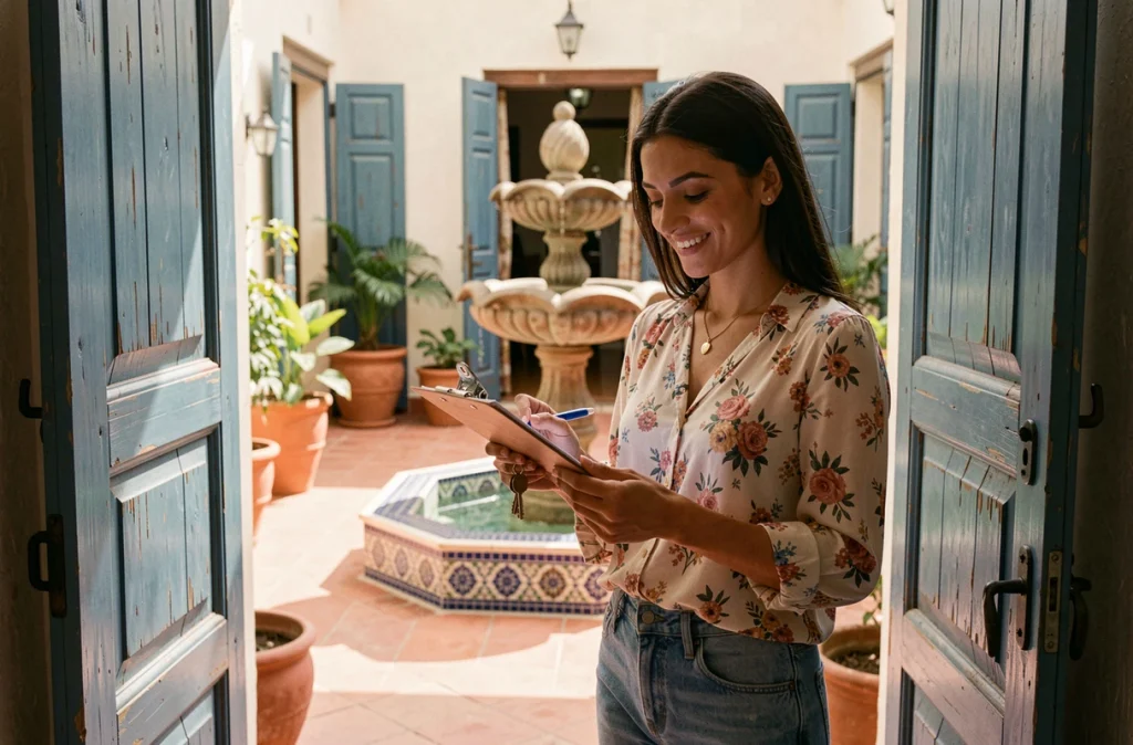 Locataire tenant les clés d'un appartement riad à Essaouira lors d'une location longue durée dans la médina