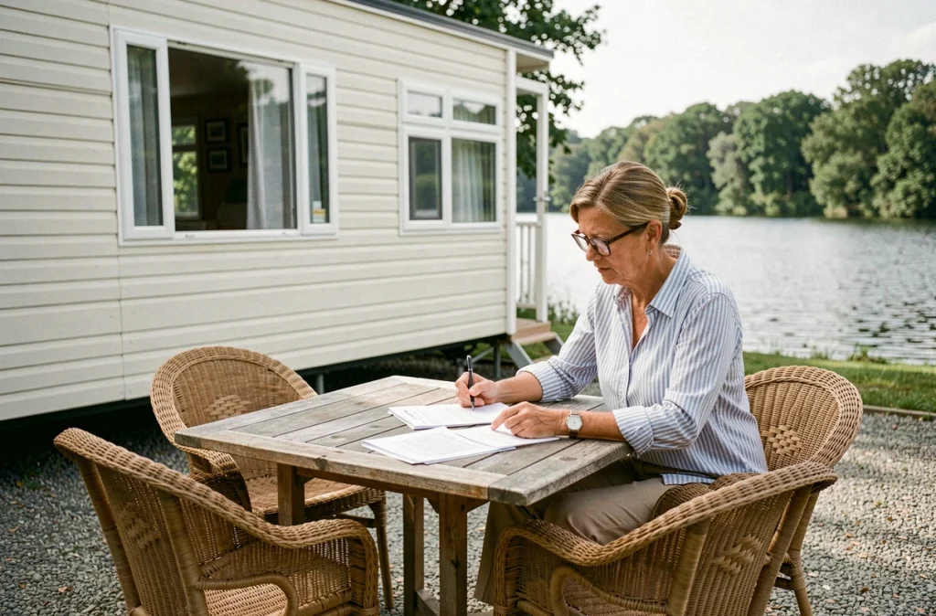 Femme consultant un contrat de location saisonnière devant un mobil-home au bord d'un lac