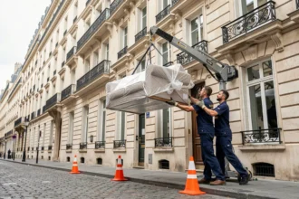Deux déménageurs professionnels opérant un monte-meuble sur la façade d'un immeuble haussmannien à Paris pour monter un canapé emballé