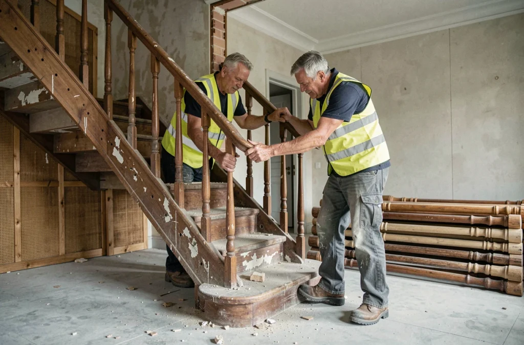 Deux ouvriers démontant un escalier en bois du XIXe siècle pour récupérer les matériaux lors d'une rénovation