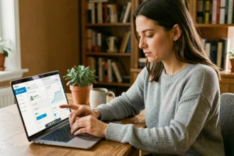 Femme paramétrant ses alertes de bons plans Pikadom sur un ordinateur portable dans un bureau à domicile chaleureux