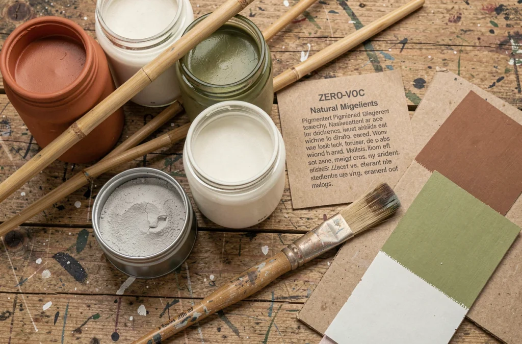 Pots de peinture naturelle écologique zéro COV avec des échantillons de couleurs et des pinceaux naturels sur un établi en bois