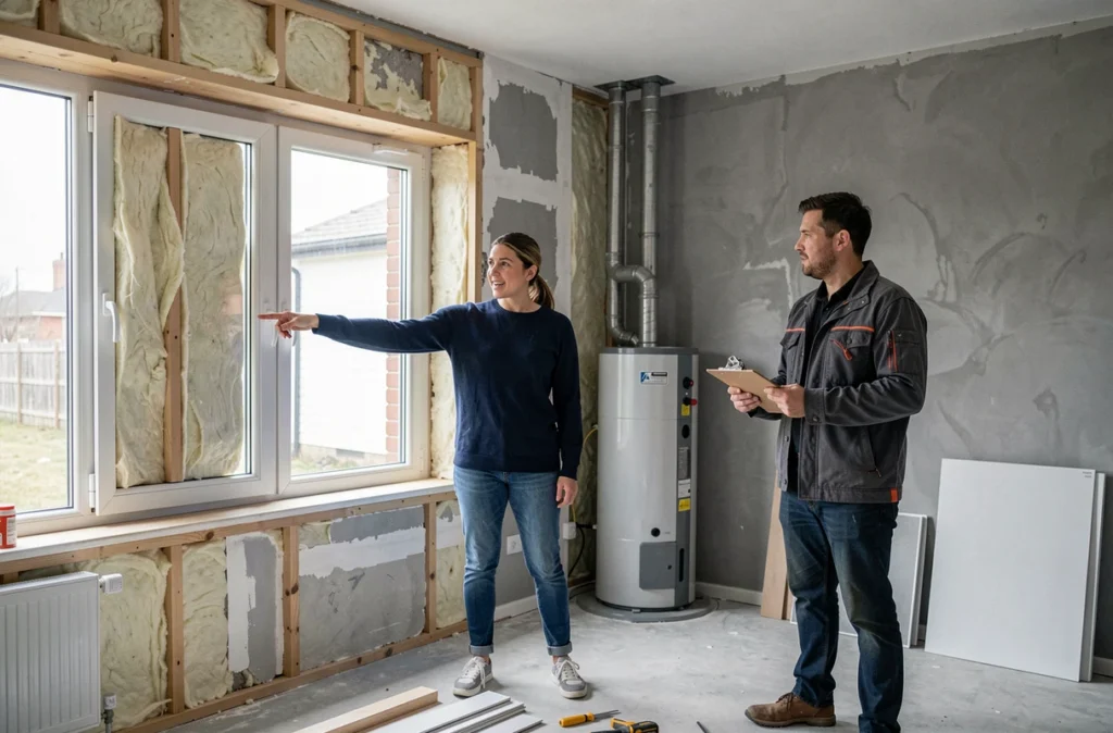 Propriétaire et entrepreneur discutant de travaux d'isolation dans un salon en cours de rénovation énergétique