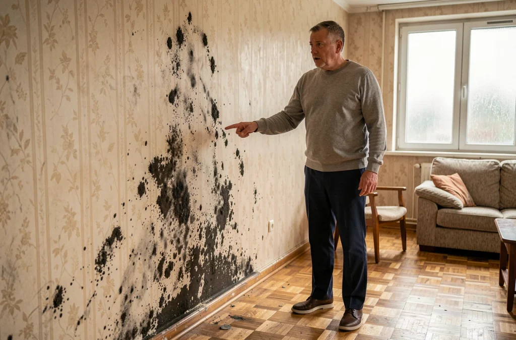 Propriétaire montrant des moisissures importantes sur le mur d'un salon dans le cadre d'un litige habitation
