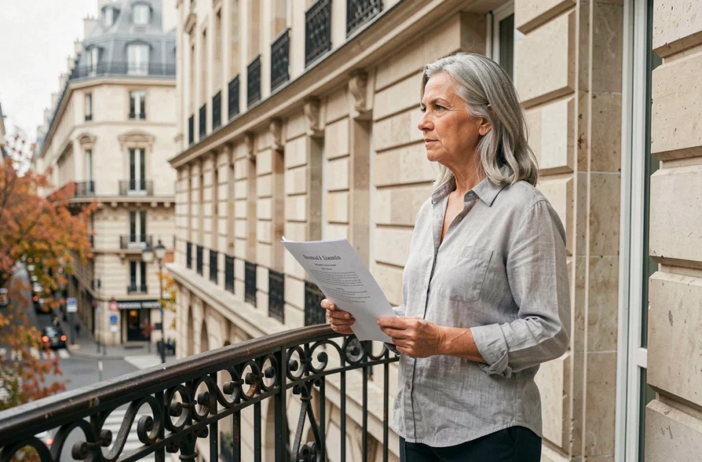 Propriétaire en nue-propriété contemplant un immeuble haussmannien depuis son balcon avec acte de propriété en main