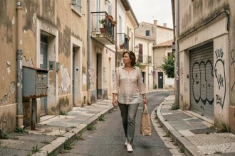 Rue dégradée d'un quartier de Fréjus avec façades abîmées et trottoirs fissurés