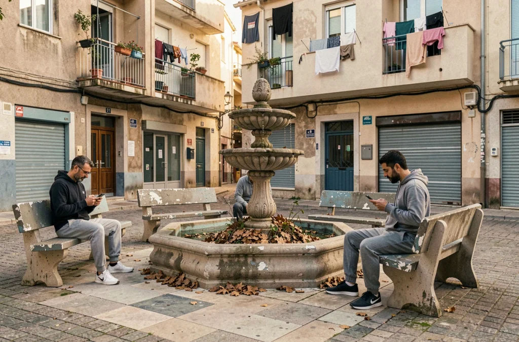 Place publique délabrée dans un quartier sensible de Fréjus avec résidents au quotidien