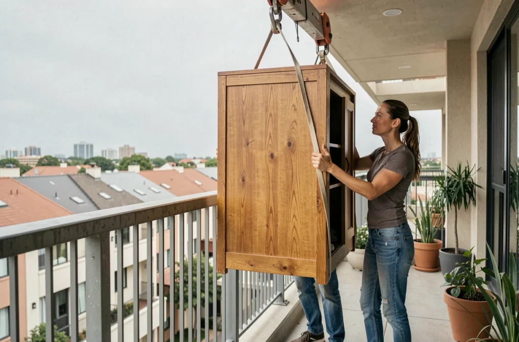 Un couple réceptionne une armoire en bois sur leur balcon grâce à un monte-meuble loué lors d'un déménagement en appartement