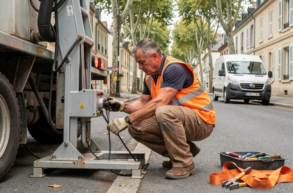 Un déménageur expérimenté règle le mécanisme d'un monte-meuble professionnel installé dans une rue résidentielle française