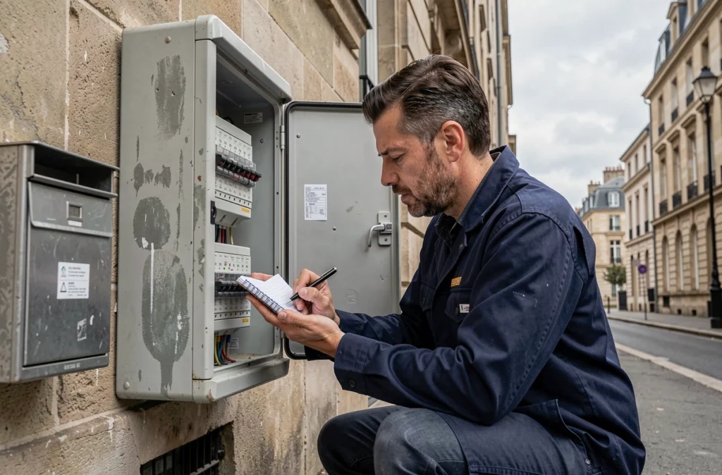 Technicien relevant l'index d'un compteur électrique extérieur dans une résidence française