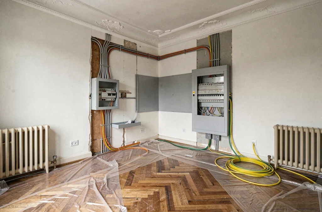 Appartement ancien en cours de mise aux normes électriques montrant l'ancien et le nouveau tableau électrique côte à côte dans une pièce en rénovation