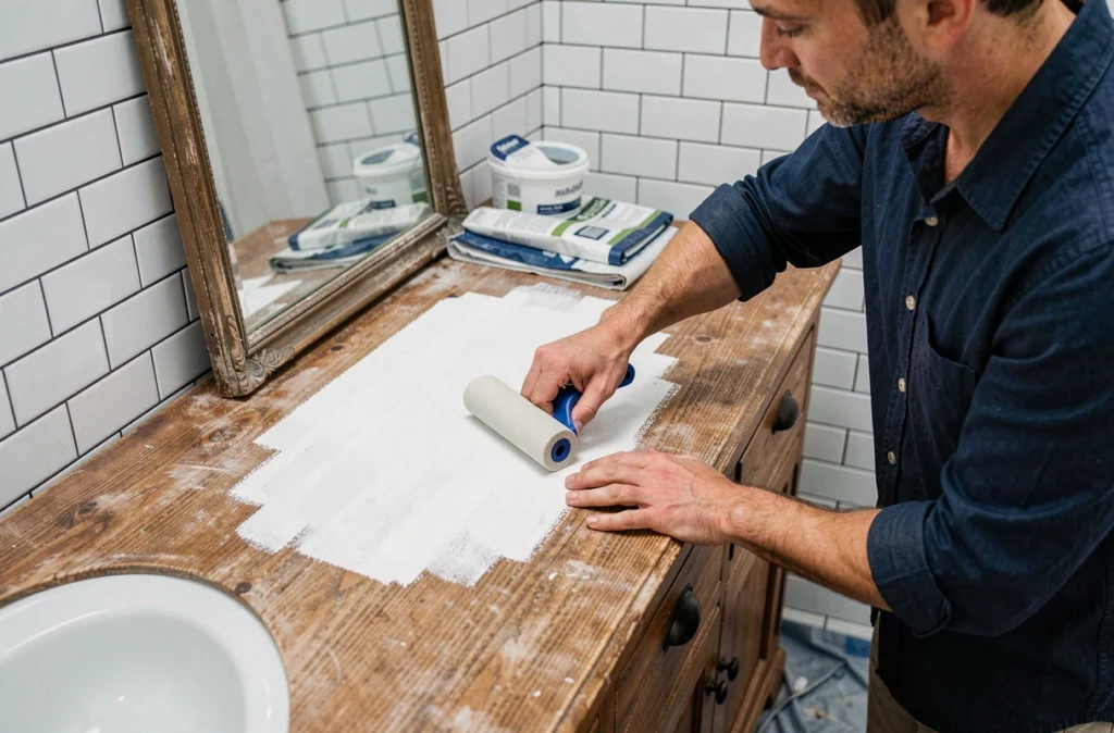 Homme en train de peindre un meuble de salle de bain en bois avec de la peinture craie pour rénover sans gros travaux