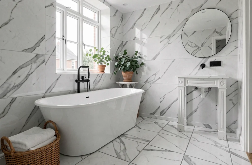 Salle de bain entièrement rénovée sans travaux de plomberie avec panneaux adhésifs, baignoire et robinetterie modernisée