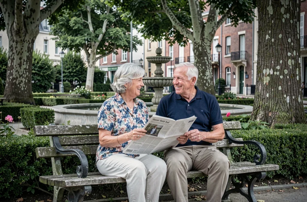 Couple de retraités se reposant dans un jardin paisible d'un quartier résidentiel de Bayonne