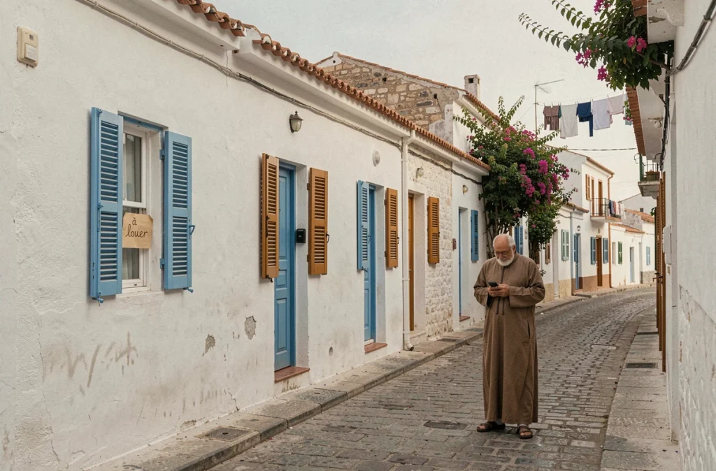 Rue de la médina d'Essaouira avec panneau à louer sur une façade blanche typique pour une location longue durée