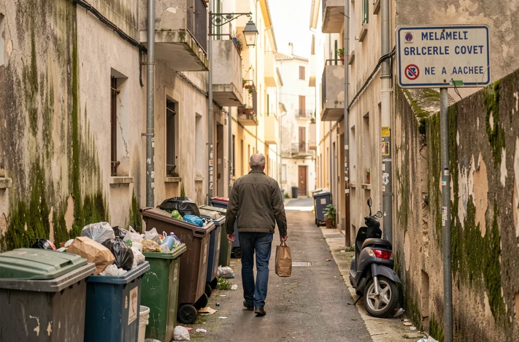 Ruelle étroite et dégradée dans un quartier à éviter de Fréjus avec poubelles débordantes