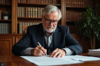 Un homme senior lisant attentivement un compromis de vente viager chez un notaire, entouré de documents officiels et de classeurs juridiques