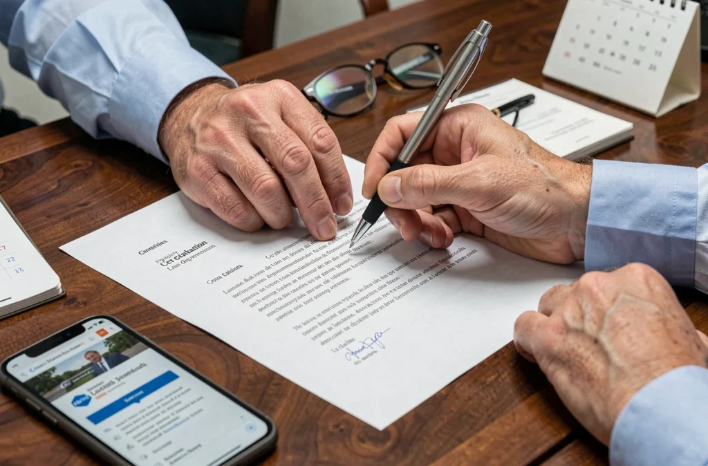 Mains d'un homme s'apprêtant à signer une lettre d'annulation de contrat de multipropriété