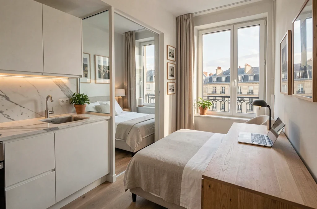 Studio meublé moderne à Bordeaux prêt à la location illustrant le dispositif LMNP face à la loi Pinel