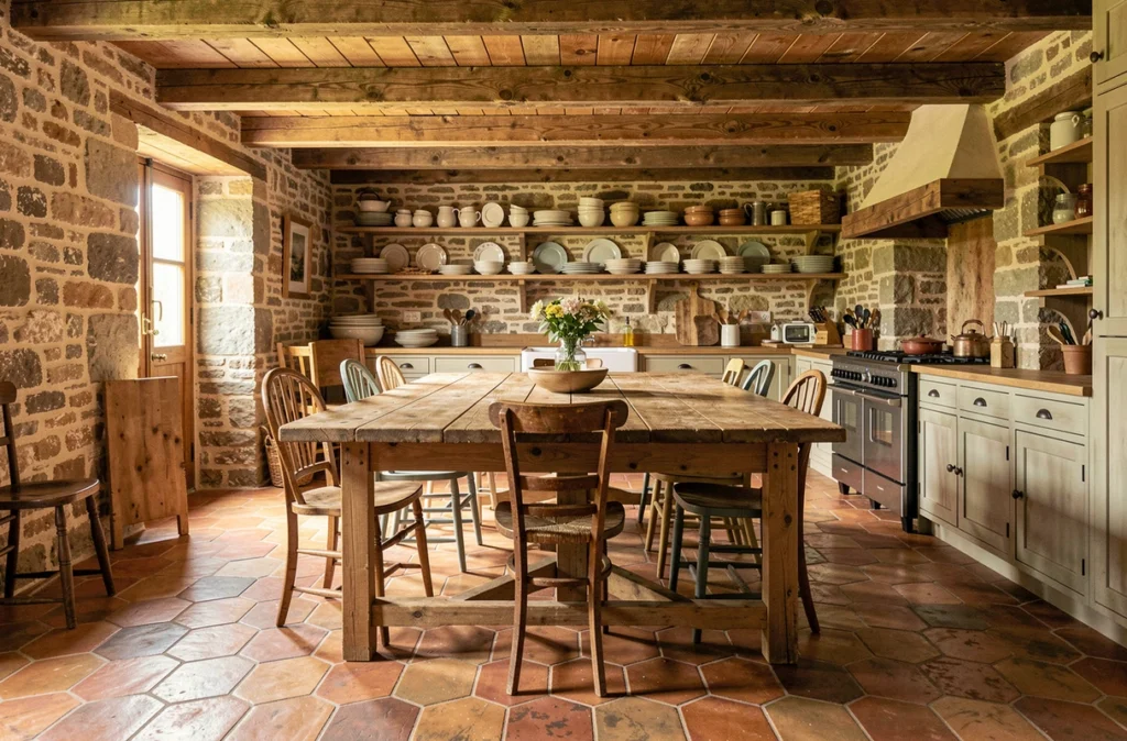 Carrelage tomette hexagonale en terre cuite dans une cuisine de mas provençal rénové avec poutres apparentes et murs en pierre