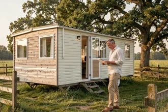 Homme examinant des documents devant un mobil-home sur une parcelle de terrain en campagne française