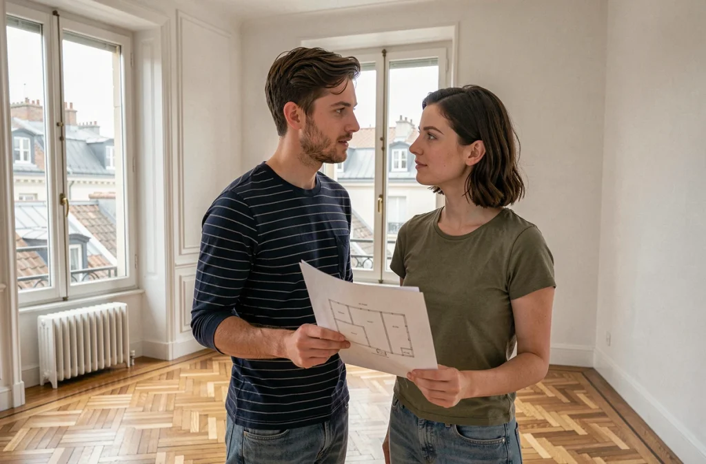 Jeune couple visitant un appartement vide avec parquet et hautes fenêtres à Lyon pour une location