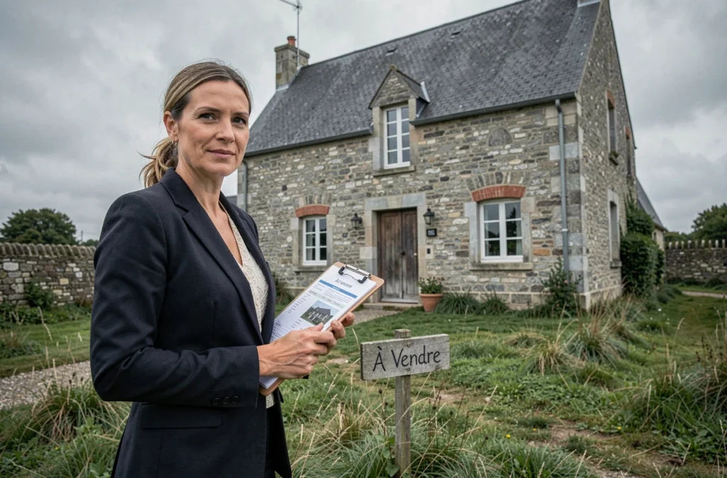 Agent immobilier devant une maison en pierre à vendre en Normandie dans le département de la Manche