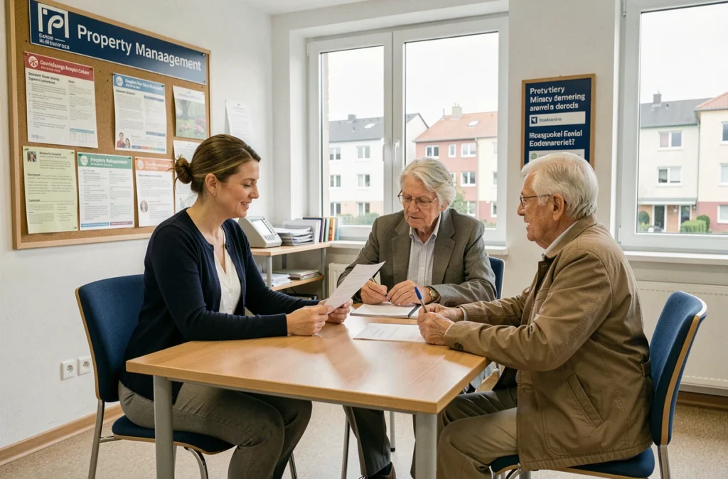 Conseillère en gestion locative accompagnant un couple de locataires âgés dans un bureau social à Strasbourg, illustrant la mission sociale de Batigère