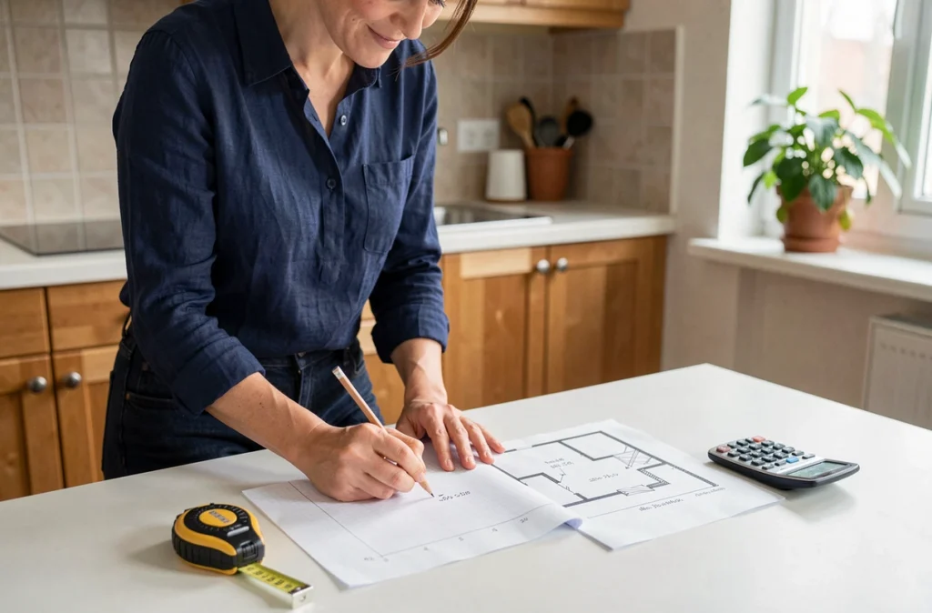 Femme calculant une surface en m² en notant des dimensions sur papier quadrillé avec un mètre ruban