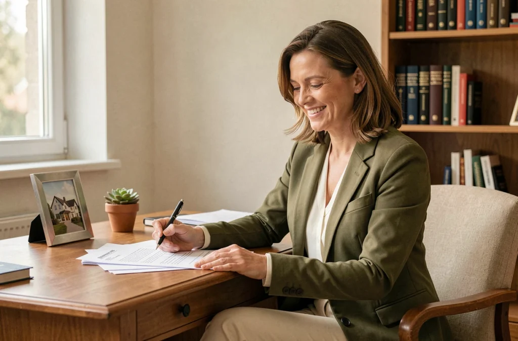 Agente immobilière indépendante dans son bureau chaleureux à Strasbourg, représentant l'approche personnalisée de l'agence Carine Rolling