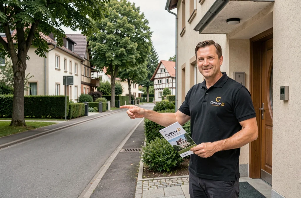Agent Century 21 devant un immeuble résidentiel dans le Bas-Rhin, illustrant l'ancrage local du réseau national Century 21 Immobilière Weibel