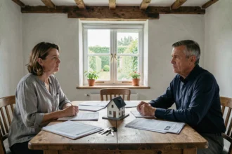 Couple en instance de divorce assis à une table couverte de documents immobiliers dans une maison normande de la Manche