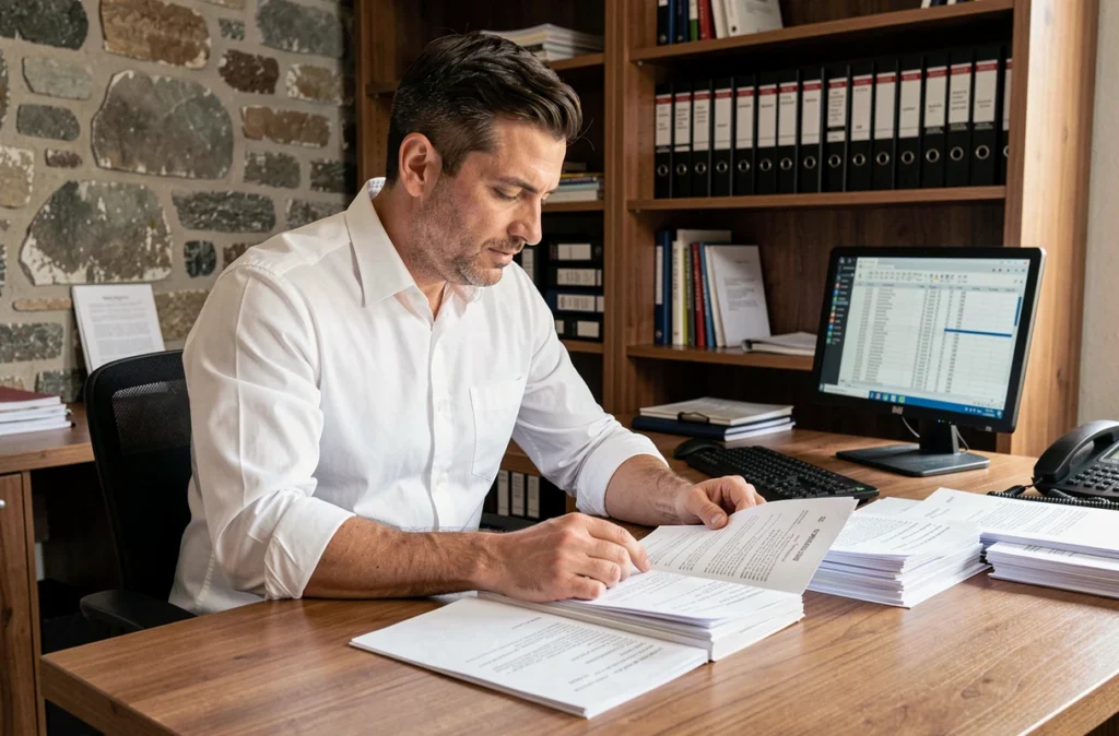 Homme examinant des documents fiscaux et juridiques pour l'achat d'une maison en Andorre dans un bureau de notaire moderne