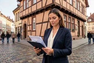 Agente immobilière devant une maison à colombages alsacienne à Strasbourg, illustrant la gestion locative dans le Bas-Rhin