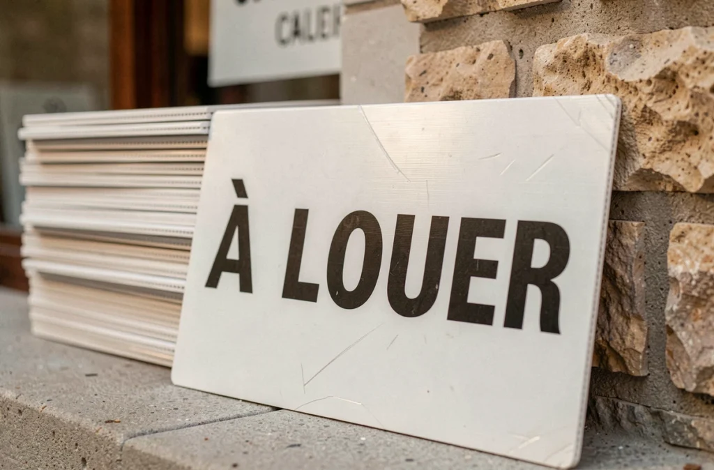 Gros plan sur un panneau À Louer réutilisable en polypropylène appuyé contre un mur de pierre