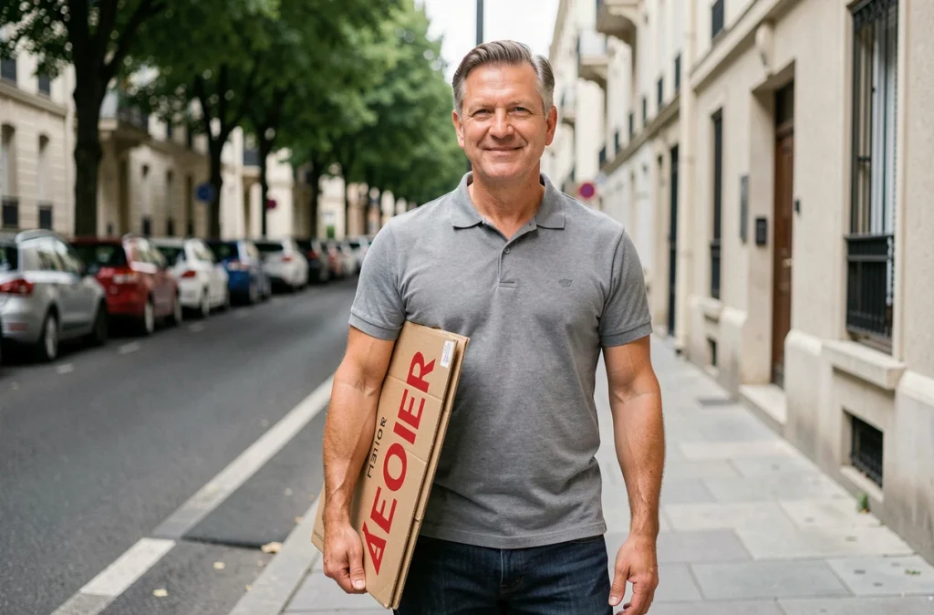 Homme tenant un panneau À Louer réutilisable devant un immeuble résidentiel urbain
